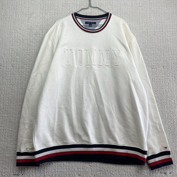 Y2K Tommy Hilfiger Sweatshirt Crew Neck Mens XXL White Embossed Spell Out Read - Picture 1 of 16